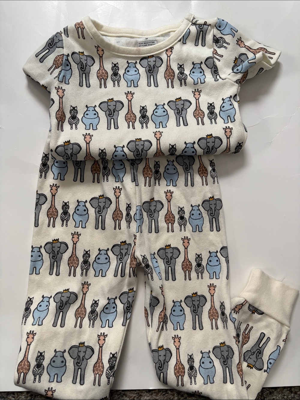 Cream Kids Pajama Set with Blue & Gray Animal Print